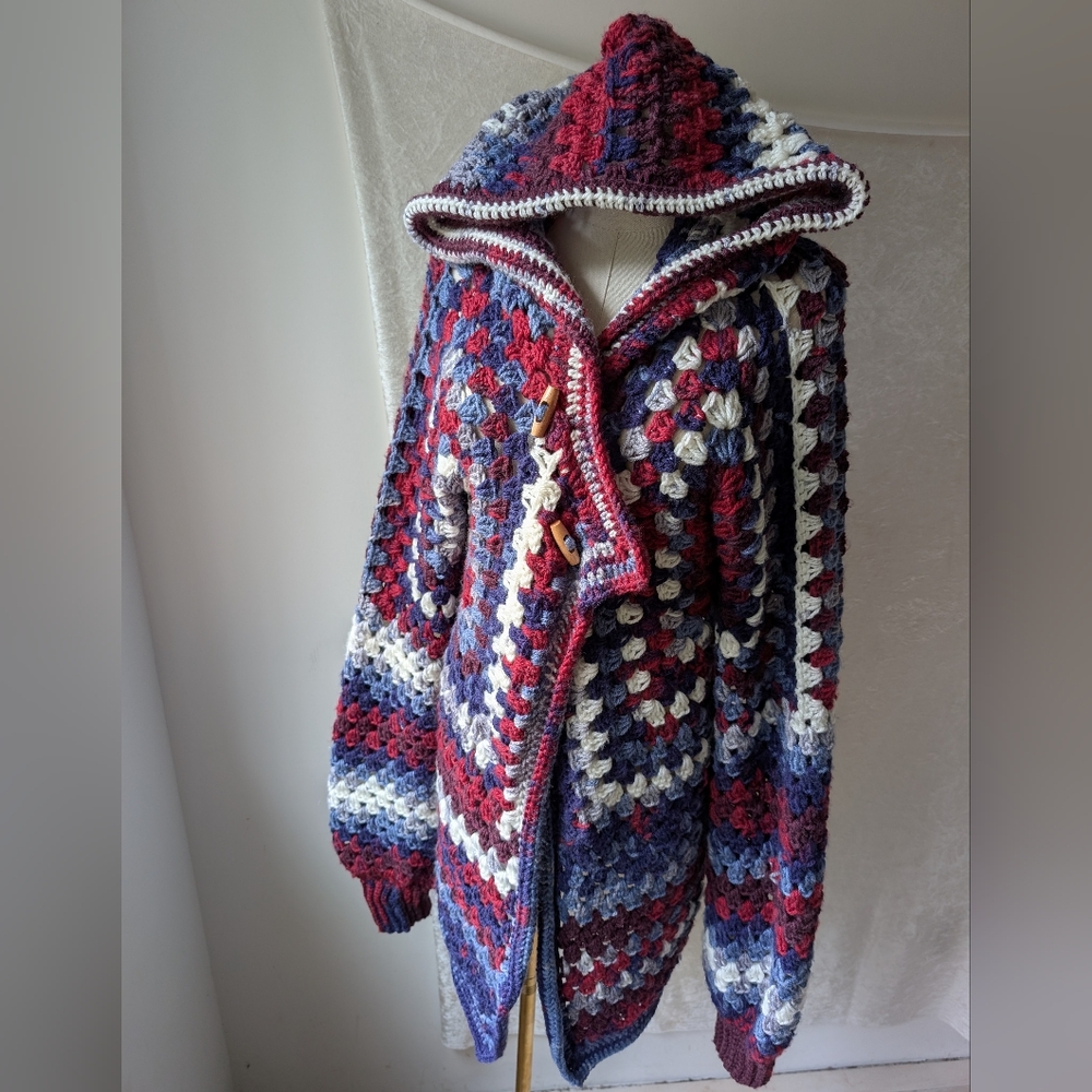 Oversized Hex Afghan Handmade Hoodie Long Cardigan Toggle Button Purple Red Blue